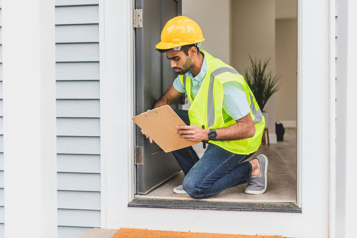 tradesman wearing a yellow protective helmet and hi vis vest inspecting the door frame